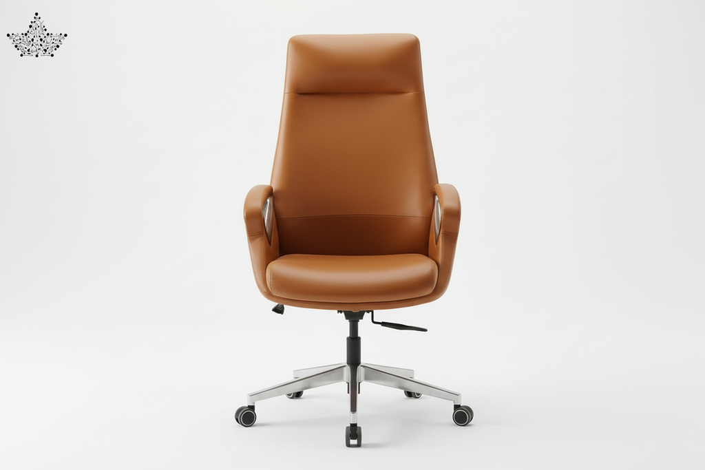 Brown office chair with a silver base on a white background