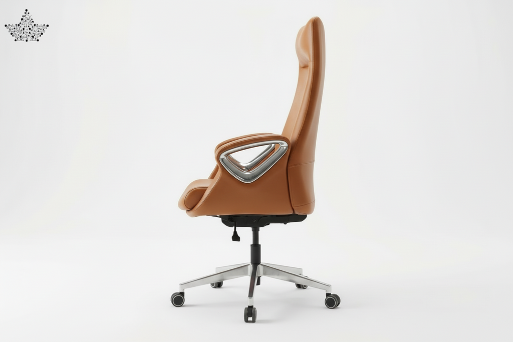 Brown office chair with a silver base on a white background