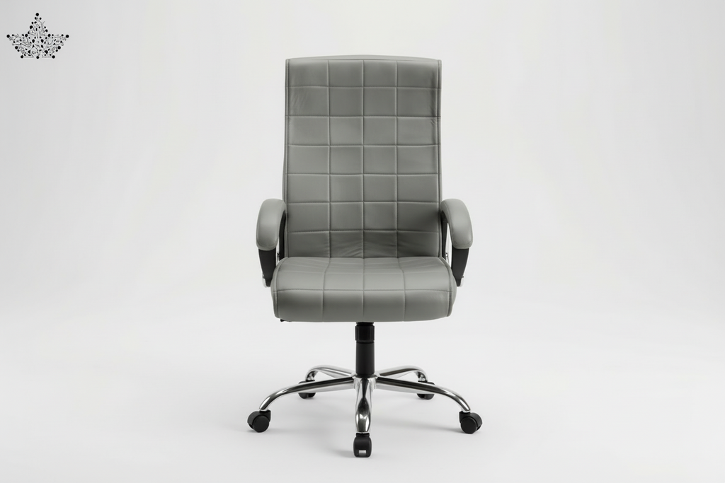 Gray office chair with quilted design on a white background