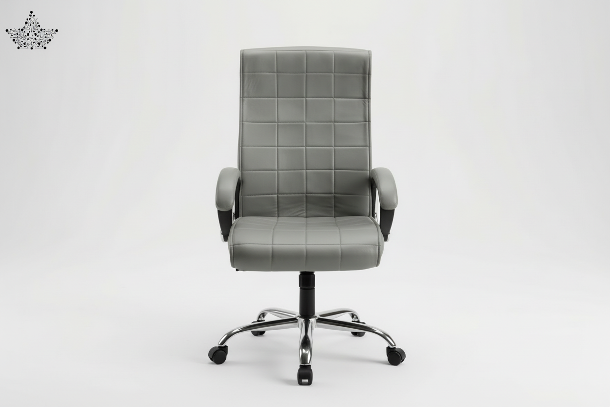 Gray office chair with quilted design on a white background