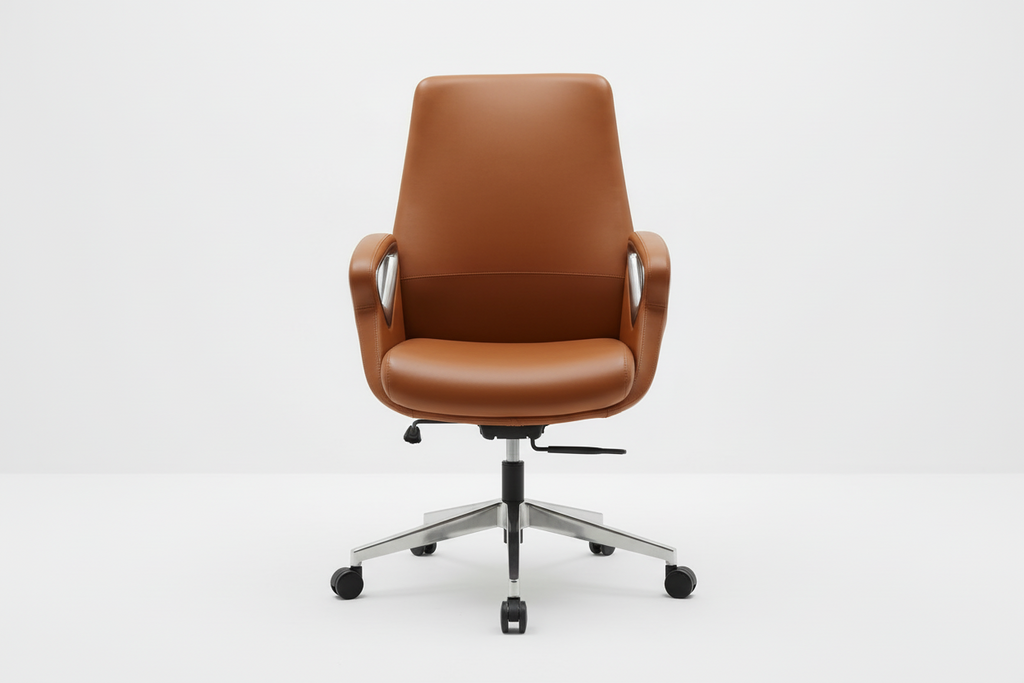 Brown office chair with silver accents on a white background