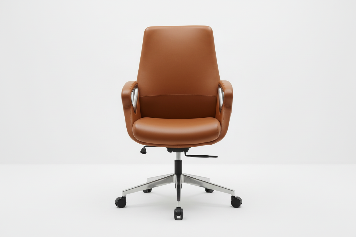 Brown office chair with silver accents on a white background