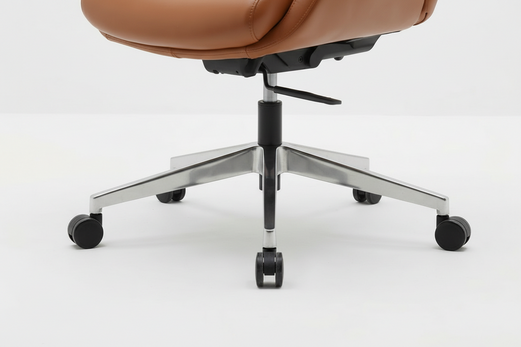 Brown office chair with silver accents on a white background