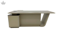 Beige office desk with a sleek design on a white background