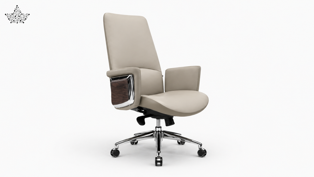 Beige office chair with a high backrest on a white background