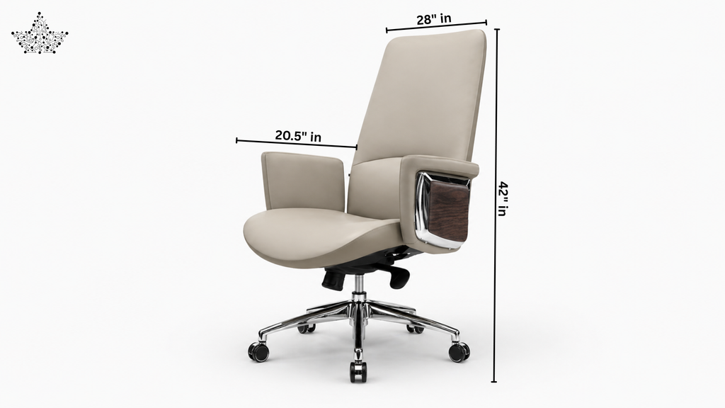 Beige office chair with dimensions indicated on a white background