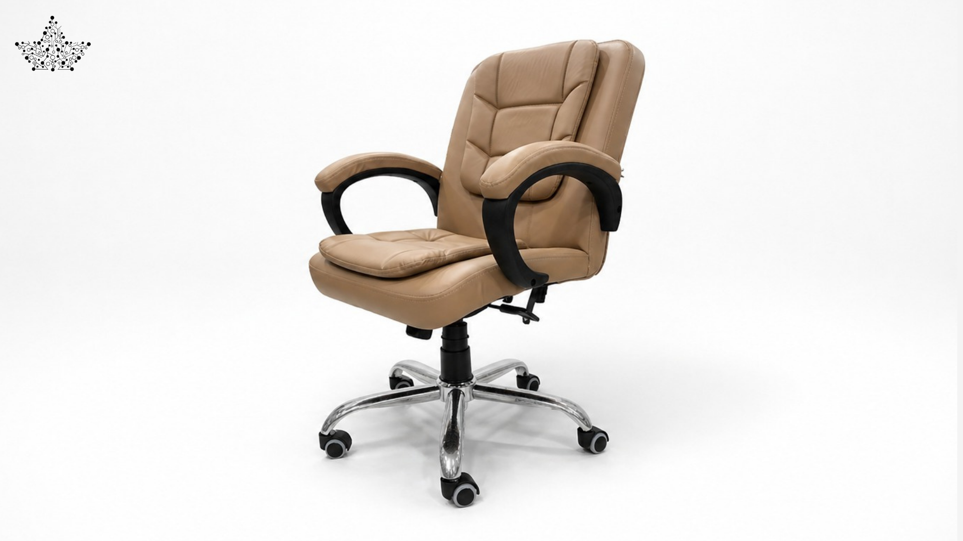 Beige office chair with black armrests on a white background