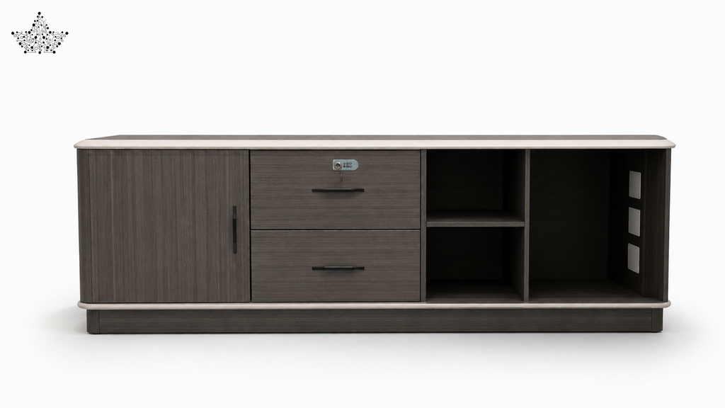 Wooden entertainment console with drawers and shelves on a white background