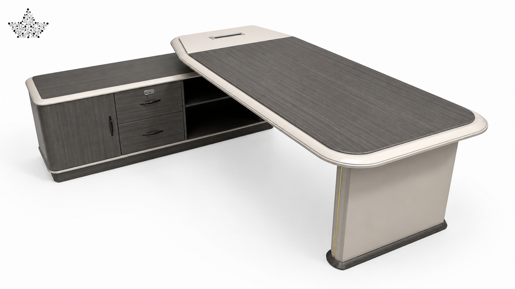 Corner office desk with storage cabinets on a white background