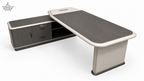 Corner office desk with storage cabinets on a white background