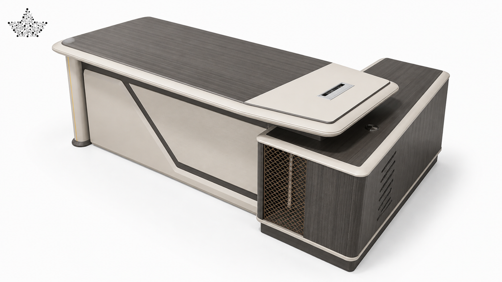 Modern office desk with a sleek design on a white background