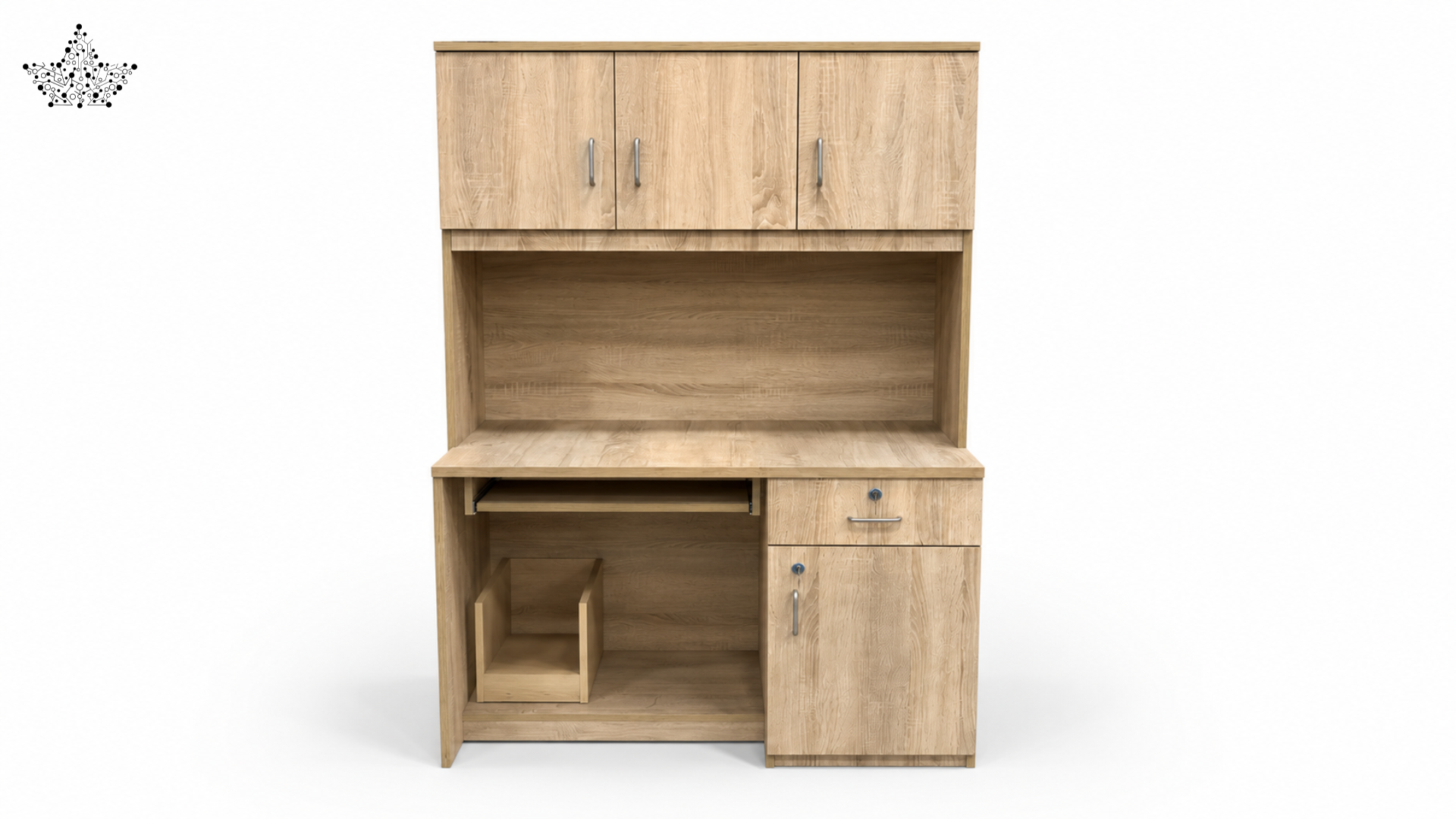 Wooden desk with cabinets on a white background