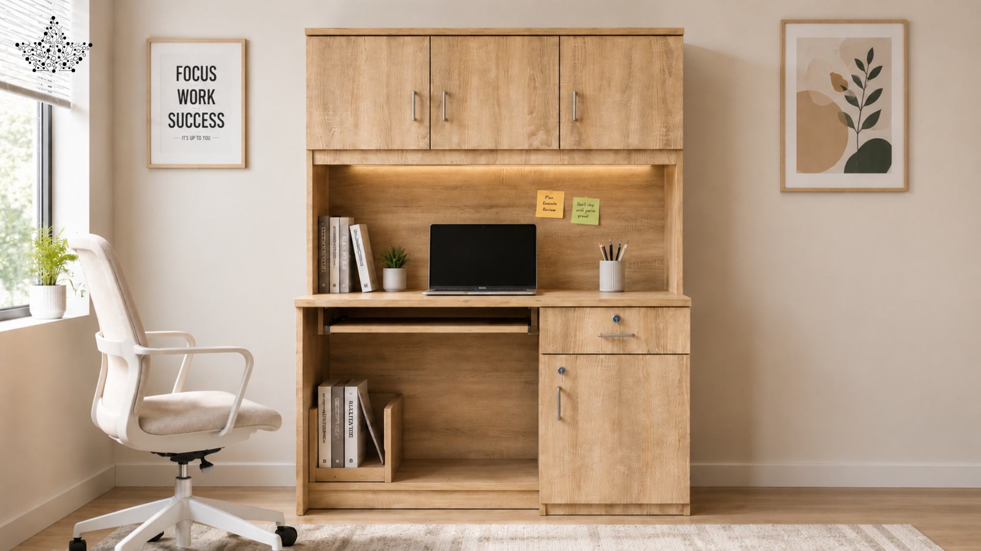 Wooden office desk with chair, books, and a laptop in a home office setting.