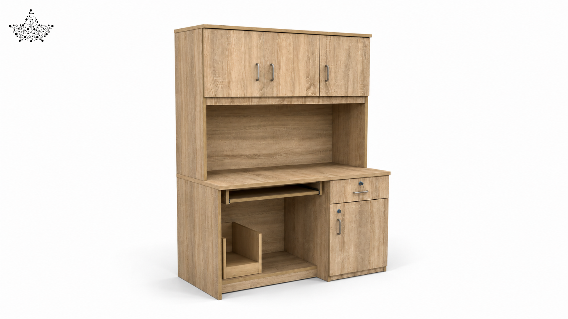 Wooden desk with cabinets on a white background