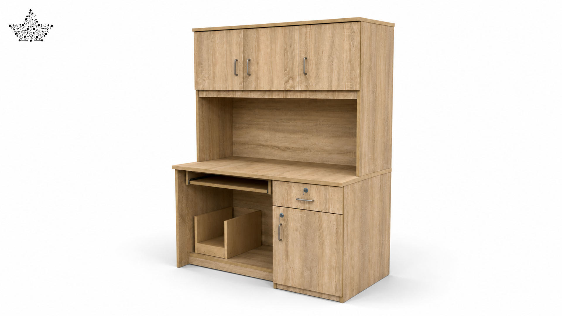 Wooden office desk with cabinets on a white background
