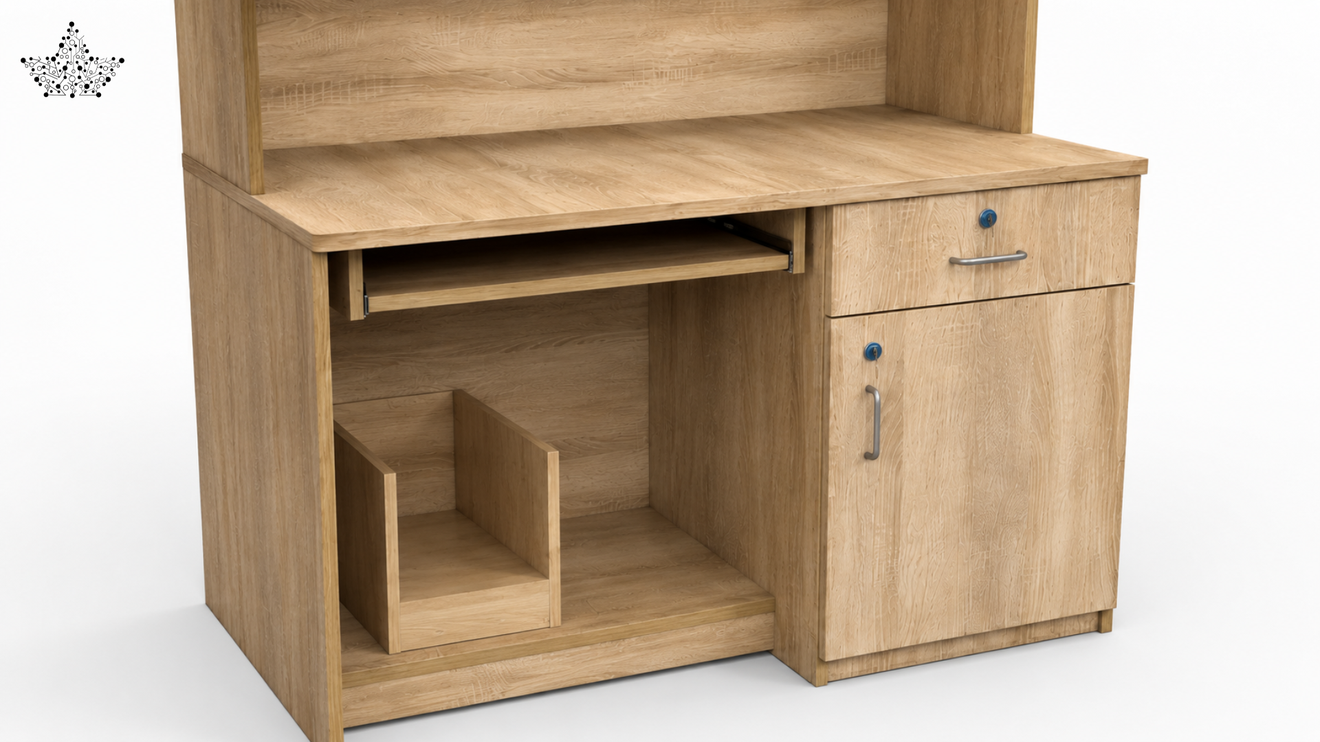 Wooden desk with shelves and a drawer on a white background