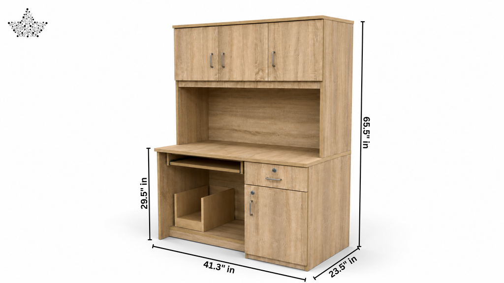 Wooden desk with dimensions on a white background