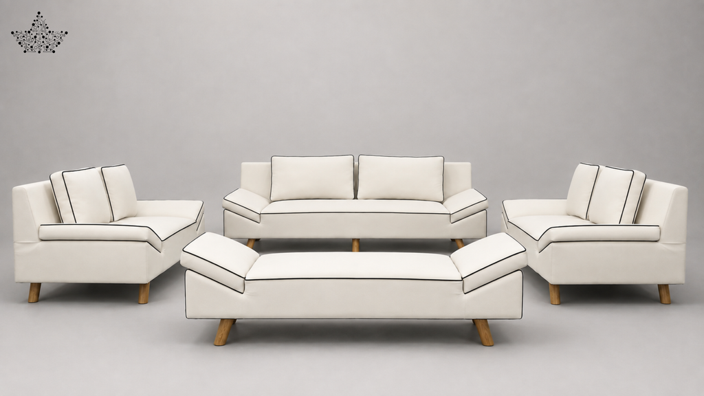 A 5-piece modern living room furniture set in off-white leather with black piping and light wood legs, including a sofa, two armchairs, and a coffee table, shown against a neutral gray background.