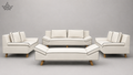 A 5-piece modern living room furniture set in off-white leather with black piping and light wood legs, including a sofa, two armchairs, and a coffee table, shown against a neutral gray background.