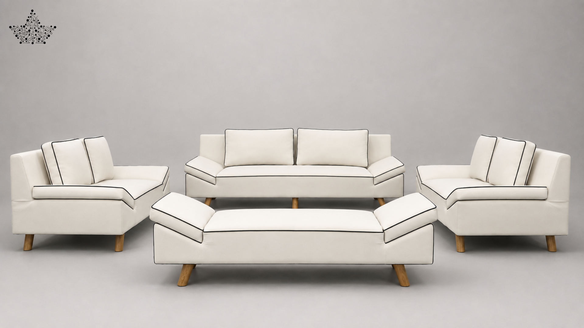 A 5-piece modern living room furniture set in off-white leather with black piping and light wood legs, including a sofa, two armchairs, and a coffee table, shown against a neutral gray background.
