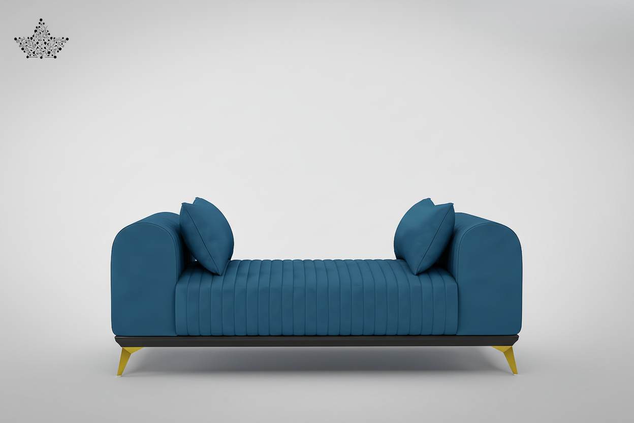 Blue sofa with yellow legs on a light gray background