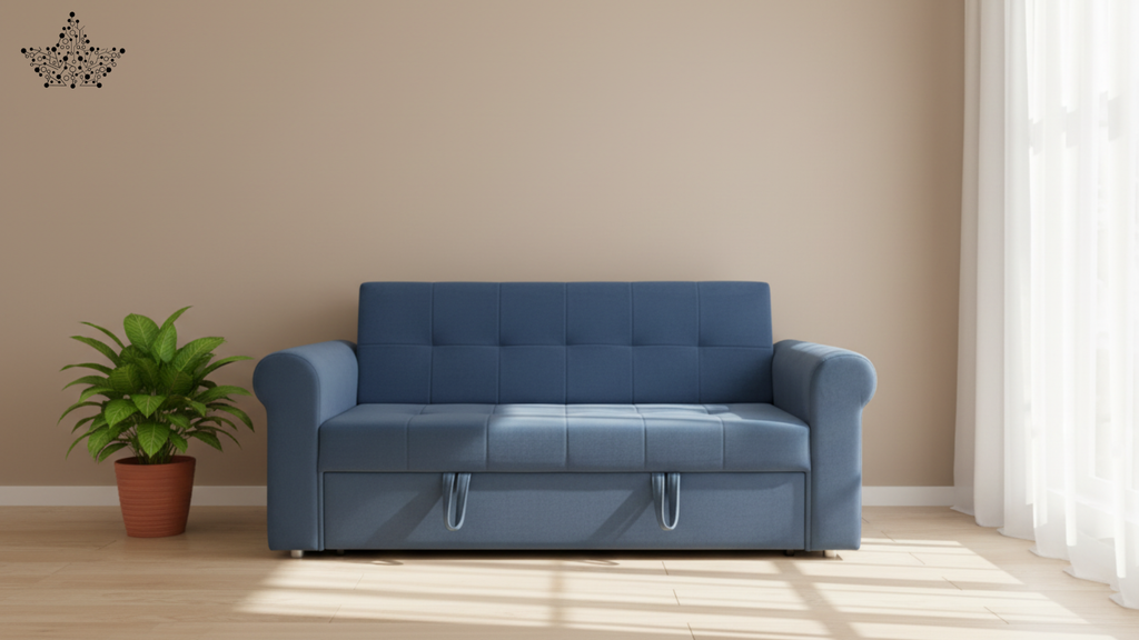 Blue sofa bed in a room with a plant and curtains