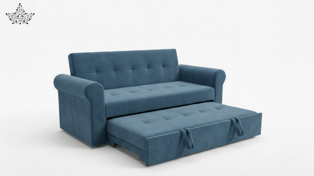 Blue sofa bed with pull-out mechanism on a white background