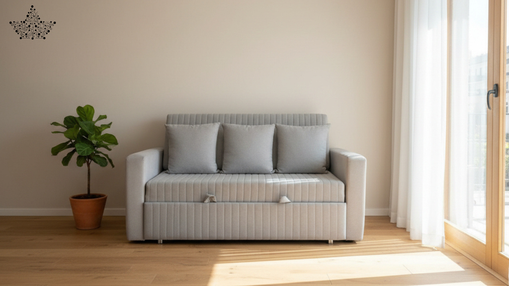 Gray sofa bed in a room with a plant and large window