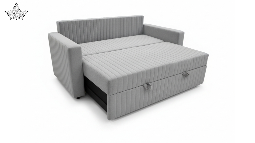 Gray sofa bed with storage drawers on a white background