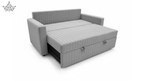 Gray sofa bed with storage drawers on a white background