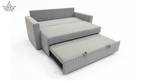 Gray sofa bed with a pull-out drawer on a white background