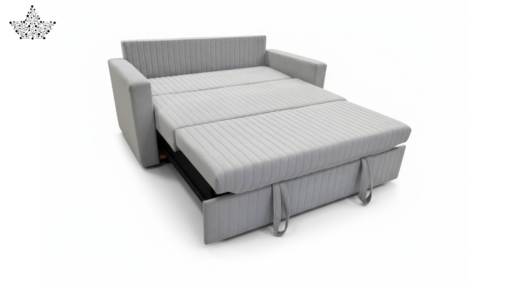 Gray sofa bed with storage compartment on a white background