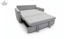 Gray sofa bed with storage compartment on a white background