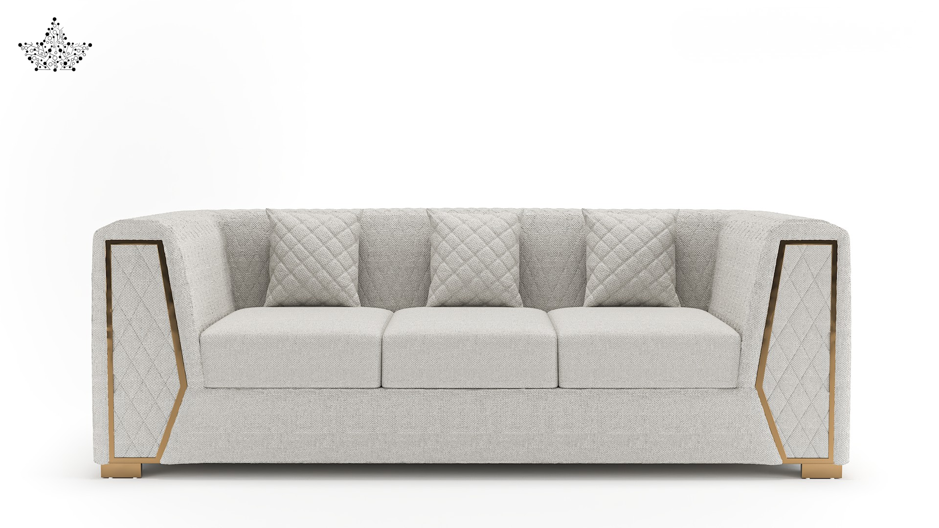 Gray sofa with gold accents on a white background